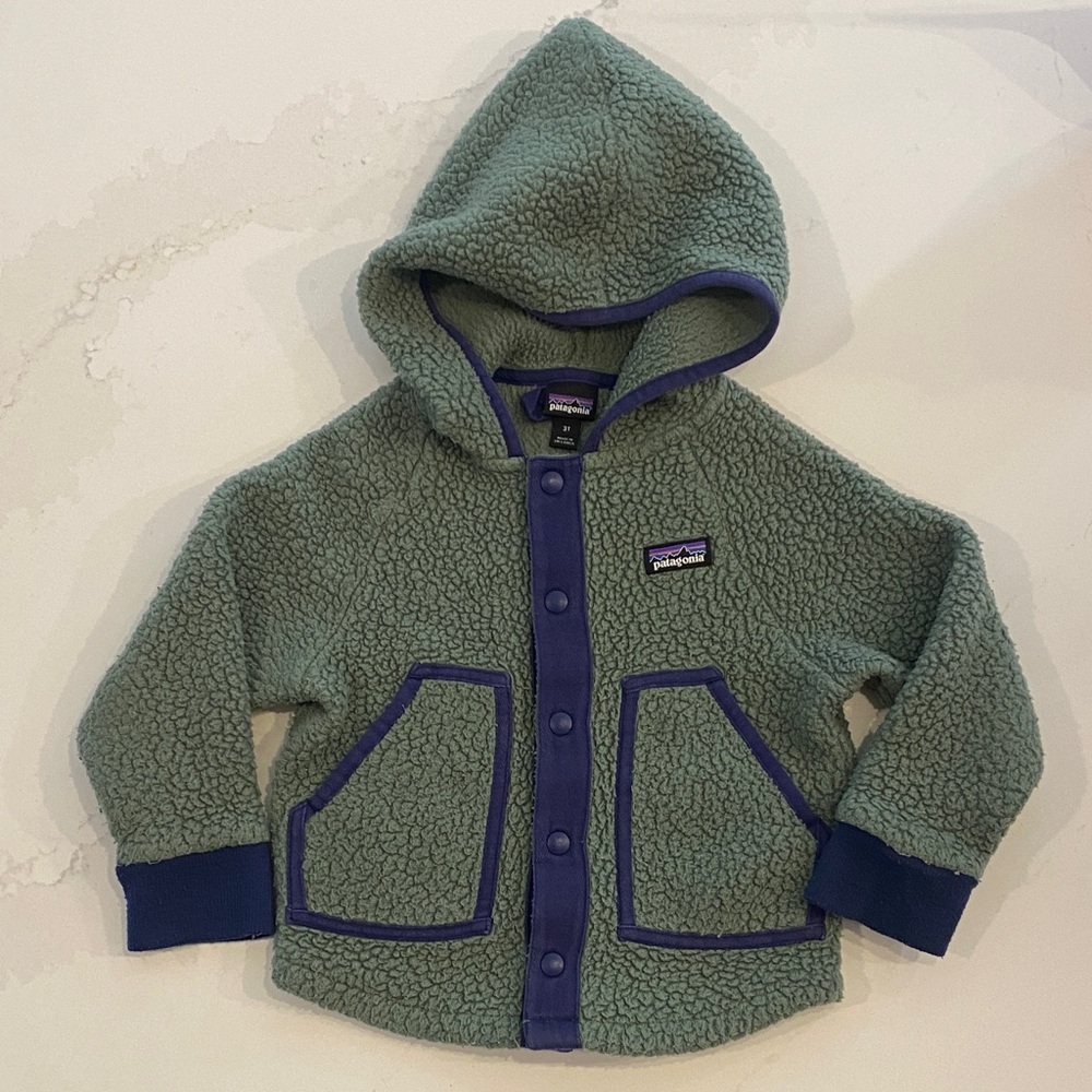 Patagonia Kids Sage Green Sherpa Hoodie with Navy Trim